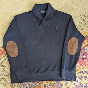 Polo Ralph Lauren Men X-Large Navy Shawl Neck Knit Sweater Suede Elbow Patch